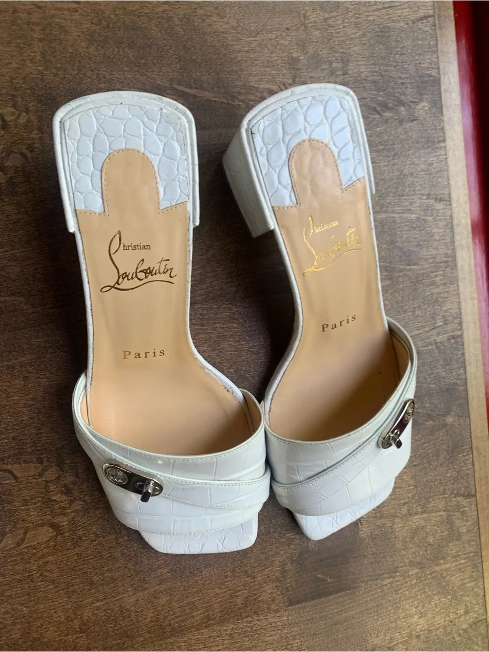 Christian Louboutin White Croc-Embossed Block Heel Mules with Buckle - Picture 1 of 4